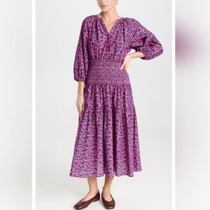 Apiece Apart Laureles Smocked Dress Palm Floral Fuchsia New Size Small